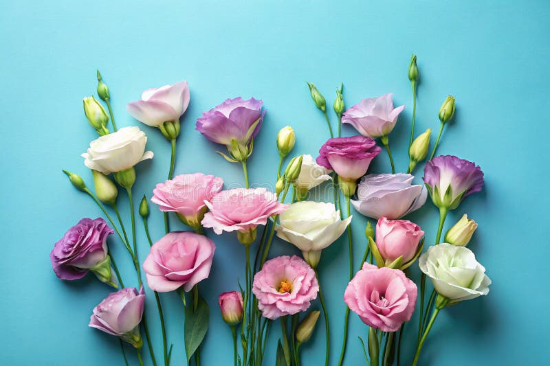 Feiern Sie den Tag der Mütter mit zarten Eustomblumen auf einem hellblauen Flachbildschirm Eine wunderschöne Blumenarrangements fü stock abbildung