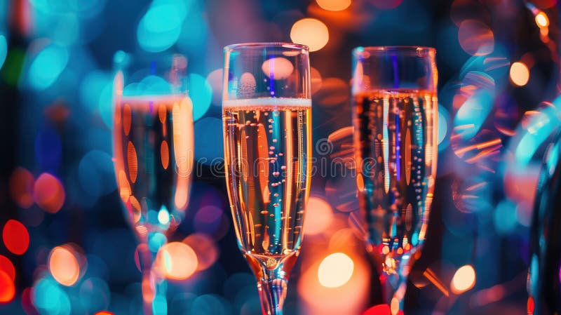 Feiern Sie fröhliche Anlässe mit Champagnergläsern bei hellen Festlichtern in einer lebhaften Party-Atmosphäre. Lebhafte Champagnergläser warten auf Sie, um in einer lebhaften Party mit farbenfrohen Lichtern und festlichen Dekorationen zu toasteln.
