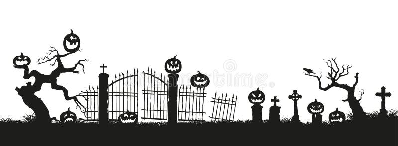 Feiertag Halloween Schwarze Schattenbilder von Kürbisen auf dem Kirchhof auf weißem Hintergrund Friedhof und defekte Bäume lizenzfreie abbildung