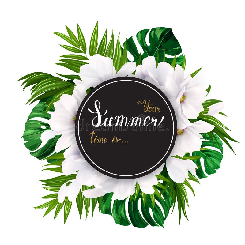 Feiertagsfahne mit tropischer Palme, monstera Blättern und blühenden Blumen der Magnolie auf dem weißen Hintergrund Weiß und Gold stock abbildung Feiertagsfahne mit tropischer Palme, monstera Blättern und blühenden Blumen der Magnolie auf dem weißen Hintergrund Weiß und Gold stock abbildung