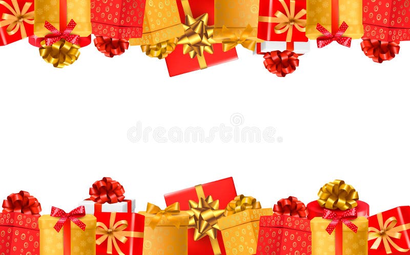 Feiertagshintergrund mit bunten Geschenkboxen mit Bögen. stock abbildung