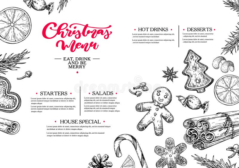 Christmas menu. Winter restaurant and cafe sketch template. Vector hand drawn illustration with pine cone, gingerbread man cookies, fir tree, candy and spices. Engraved traditional xmas food. Christmas menu. Winter restaurant and cafe sketch template. Vector hand drawn illustration with pine cone, gingerbread man cookies, fir tree, candy and spices. Engraved traditional xmas food.