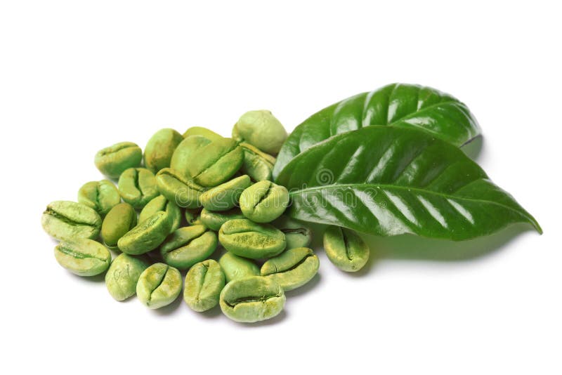 Feijões de café verdes e folhas frescas imagem de stock Feijões de café verdes e folhas frescas imagem de stock