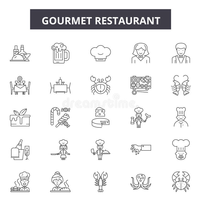 Feinschmeckerische Restaurantlinie Ikonen, Zeichen, Vektorsatz, Entwurfsillustrationskonzept lizenzfreie abbildung Feinschmeckerische Restaurantlinie Ikonen, Zeichen, Vektorsatz, Entwurfsillustrationskonzept lizenzfreie abbildung