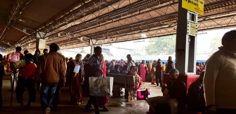 Prayag, India - February 4, 2019: World`s largest religious gathering Kumbh Fair. Millions of Hindu pilgrimages are waiting for the respective train at Prayag railway station. Prayag, India - February 4, 2019: World`s largest religious gathering Kumbh Fair. Millions of Hindu pilgrimages are waiting for the respective train at Prayag railway station.