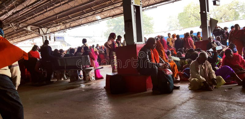 Prayag, India - February 4, 2019: World`s largest religious gathering Kumbh Fair. Millions of Hindu pilgrimages are waiting for the respective train at Prayag railway station. Prayag, India - February 4, 2019: World`s largest religious gathering Kumbh Fair. Millions of Hindu pilgrimages are waiting for the respective train at Prayag railway station.