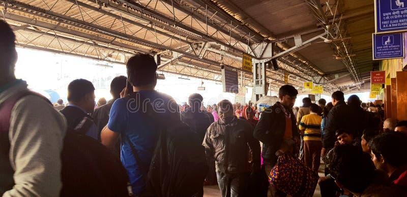 Prayag, India - February 4, 2019: World`s largest religious gathering Kumbh Fair. Millions of Hindu pilgrimages are waiting for the respective train at Prayag railway station. Prayag, India - February 4, 2019: World`s largest religious gathering Kumbh Fair. Millions of Hindu pilgrimages are waiting for the respective train at Prayag railway station.