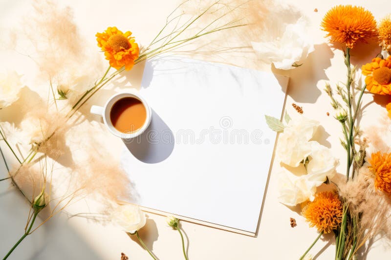 Feldblumen und Kaffee. flache Gestaltung. stock abbildung