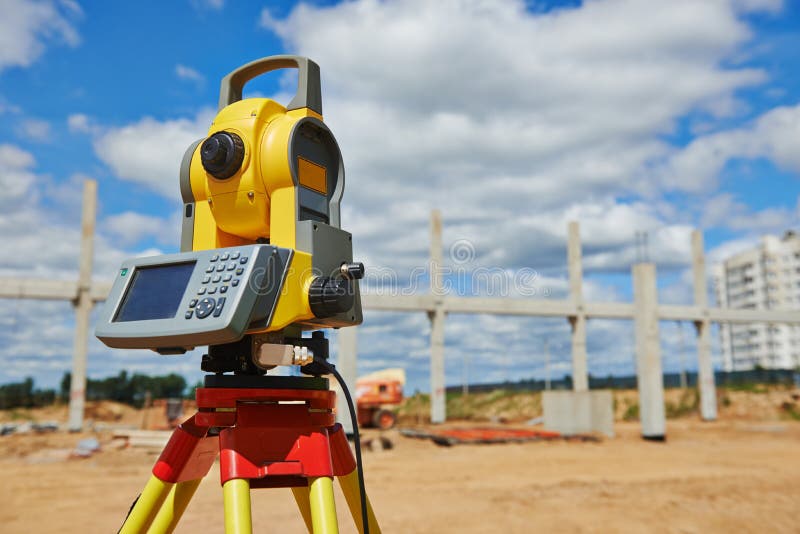 Surveyor equipment tacheometer or theodolite outdoors at construction site. Surveyor equipment tacheometer or theodolite outdoors at construction site