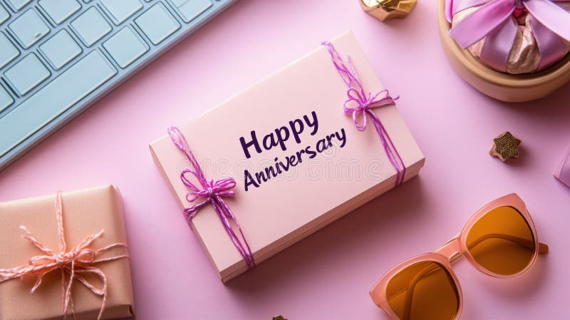 Felice anniversario dell'installazione in uno spazio di lavoro minimalista con accessori eleganti illustrazione vettoriale