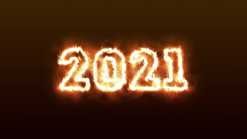 2021 felice anno nuovo, fiamma d'incendio realistica e animazione del fumo su sfondo scuro. estrazione di un'immagine