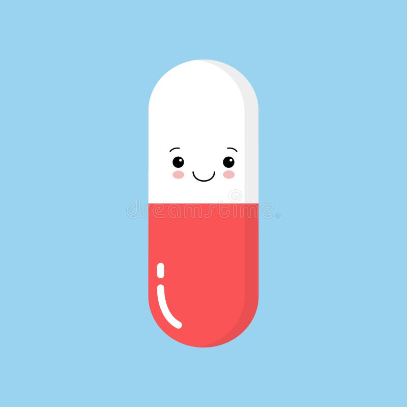 Felice felicità della capsula di pillole per pillole sorridenti Icona illustrazione carattere piano vettoriale Isolato in blu