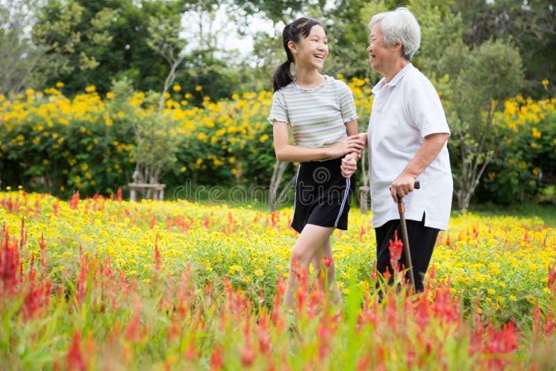 Felice nonna e nipote asiatiche che camminano in un giardino fiorente, semplice riduzione dello stress, godersi la natura, bambin fotografie stock Felice nonna e nipote asiatiche che camminano in un giardino fiorente, semplice riduzione dello stress, godersi la natura, bambin fotografie stock
