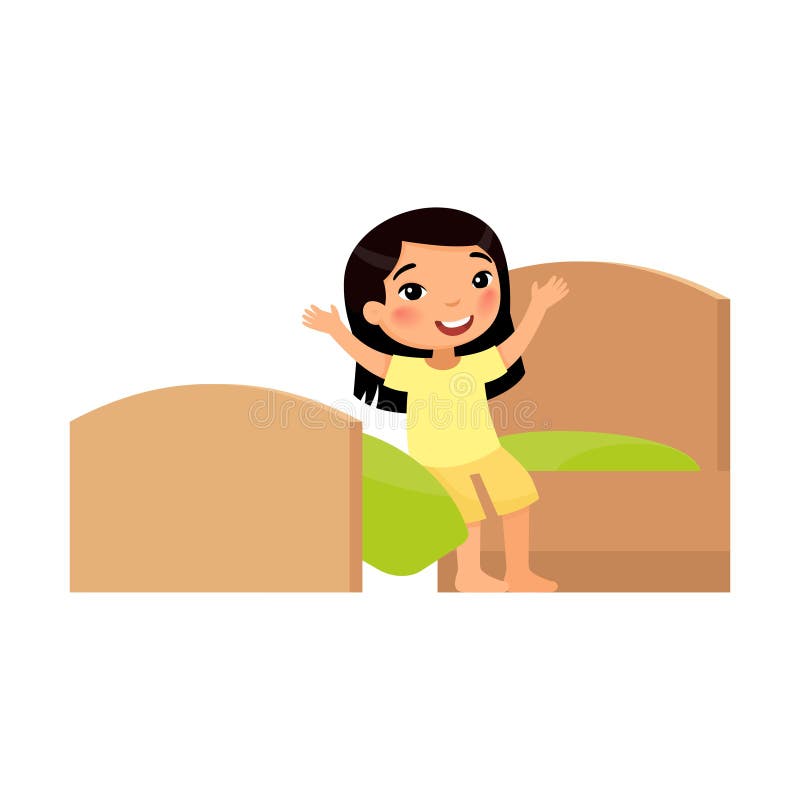 Felice ragazzina asiatica seduta sul letto. felicità dei piccoli. concetto di modalità diurna
