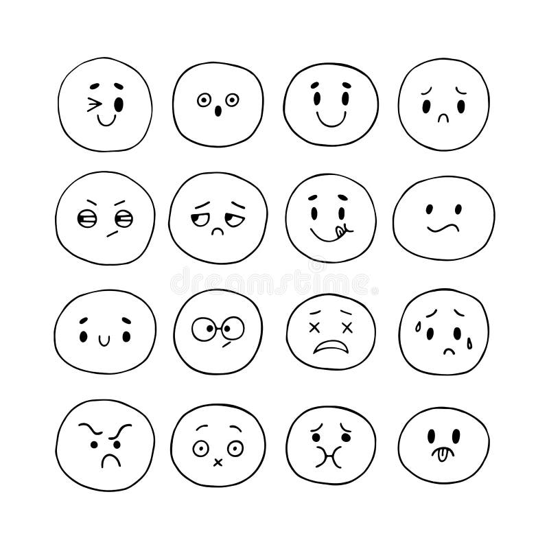 Felices Caras Graciosas De Sonrisa Dibujadas a Mano Iconos De Emoji  Conjunto De Expresiones Faciales Esbozadas Estilo Kawaii Cole Ilustración  del Vector - Ilustración de amor, felicidad: 199795388