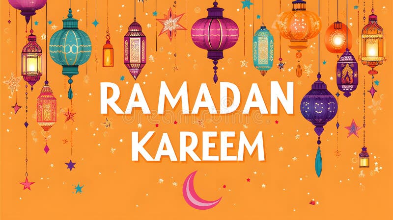 Felicitare colorată de Ramadan Kareem cu felinare tradiționale pe fundal portocaliu vector illustration