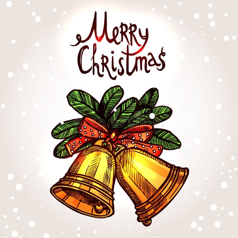 Felicitare de Crăciun cu clopoței de aur desenați manual royalty free illustration