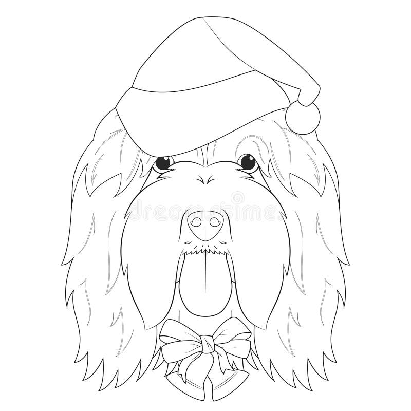 Felicitare de Crăciun pentru colorare. câine ciobănesc cu barbă cu pălărie și clopoței de Crăciun royalty free illustration