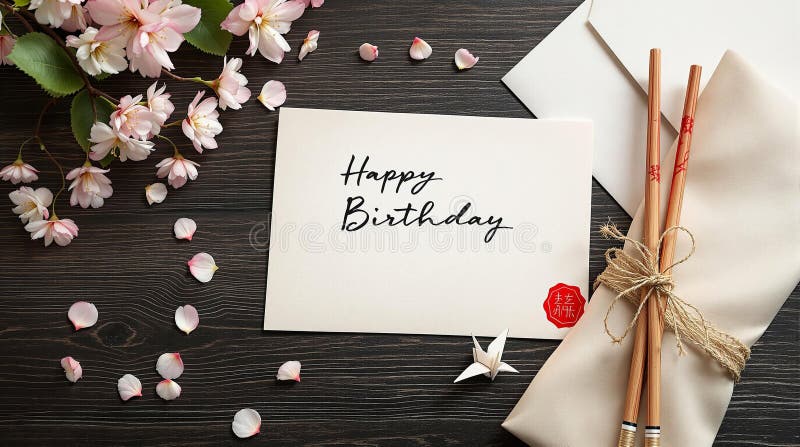 Felicitare elegantă pentru ziua de naștere cu flori de cireș și bețișoare pe masă din lemn închis royalty free stock photography