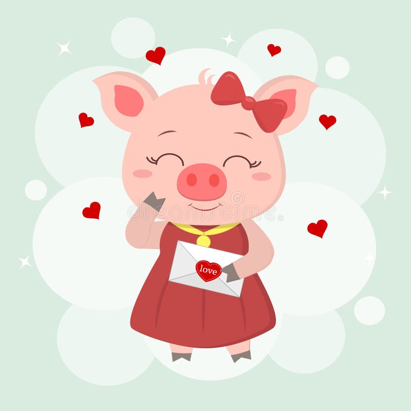Felicitações no dia do Valentim s Um leitão no amor em um vestido vermelho e em uma curva guarda um envelope com um coração liso ilustração stock Felicitações no dia do Valentim s Um leitão no amor em um vestido vermelho e em uma curva guarda um envelope com um coração liso ilustração stock