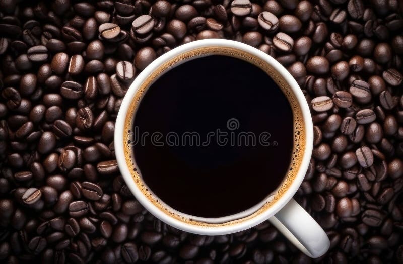 Felicità mattutina! caffè fresco in una classica tazza circondata da fagioli torrefatti illustrazione vettoriale