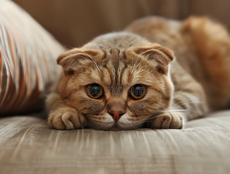 A small to mediumsized cat from the Felidae family, with fawncolored fur, is comfortably laying on a couch and staring at the camera. Its whiskers and snout are visible in a closeup shot AI generated. A small to mediumsized cat from the Felidae family, with fawncolored fur, is comfortably laying on a couch and staring at the camera. Its whiskers and snout are visible in a closeup shot AI generated
