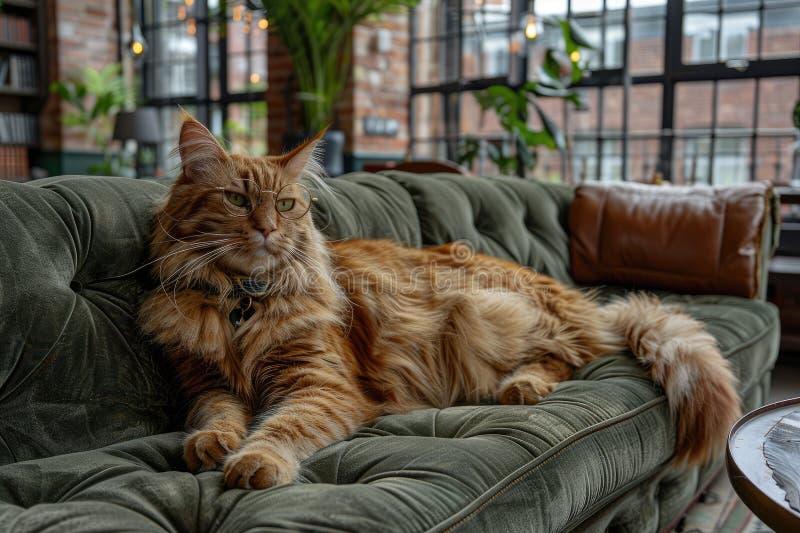 A Felidae, small to mediumsized cat with orange fur is cozily laying on a green couch near a window. Its fawn whiskers twitch with comfort AI generated. A Felidae, small to mediumsized cat with orange fur is cozily laying on a green couch near a window. Its fawn whiskers twitch with comfort AI generated