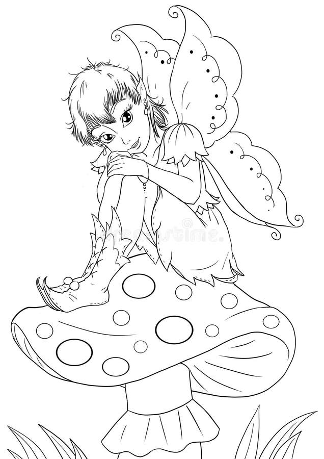 Coloring page illustration of thebeautiful fairy sitting on a mushroom. Coloring page illustration of thebeautiful fairy sitting on a mushroom