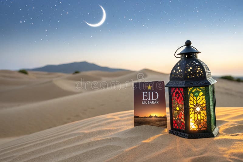 Felinar Ramadan colorat pe dune de deșert stock illustration
