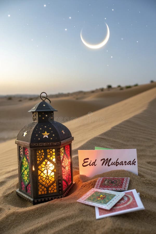 Felinar Ramadan colorat pe dune de deșert royalty free illustration