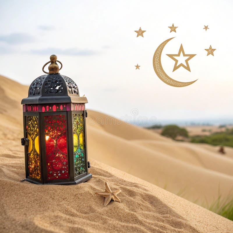Felinar Ramadan colorat pe dune de deșert stock illustration