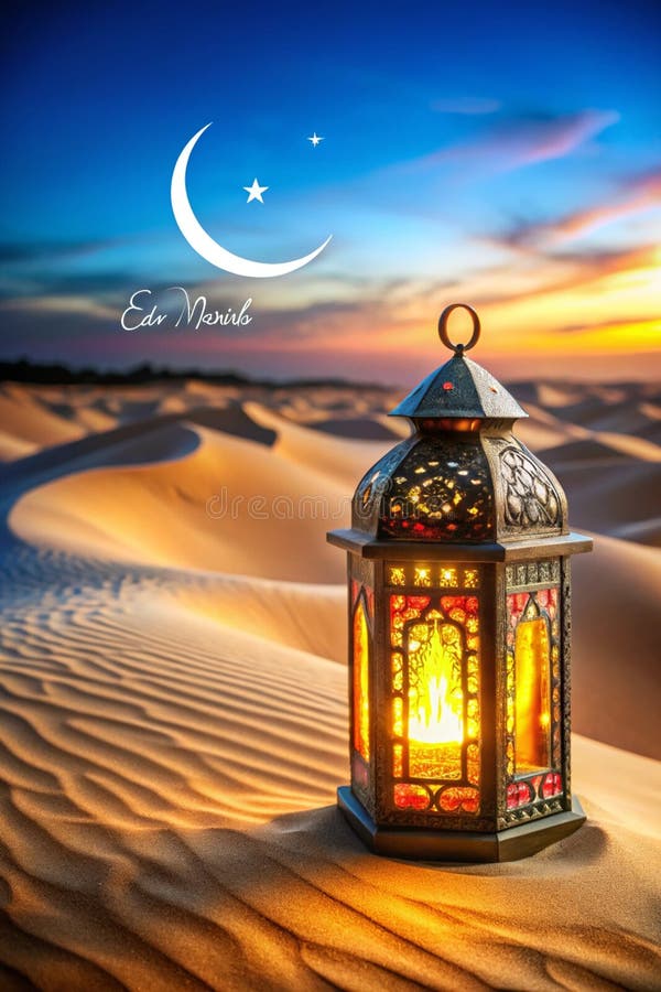 Felinar Ramadan colorat pe dune de deșert royalty free illustration