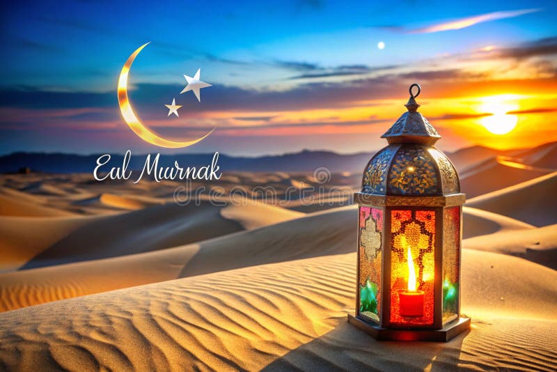 Felinar Ramadan colorat pe dune de deșert stock illustration