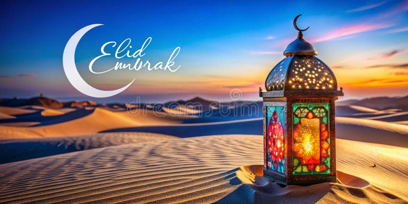 Felinar Ramadan colorat pe dune de deșert royalty free illustration