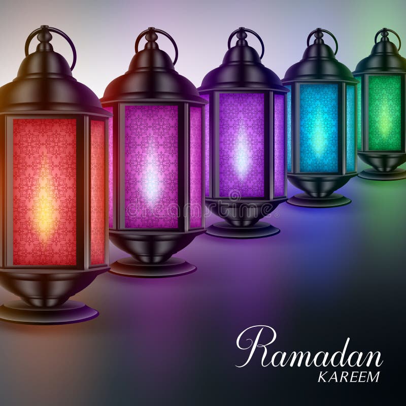 Felinare ramadan colorate sau cu lumini și salutări ale lui Ramadan Kareem vector illustration