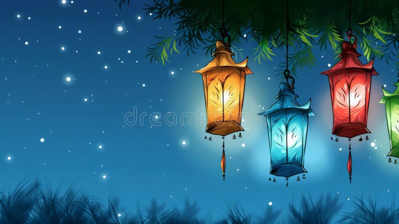 Felinare ramadanice colorate pe un fond festiv de culoare stelară pe cerul nopții, cu spațiu copiat stock illustration