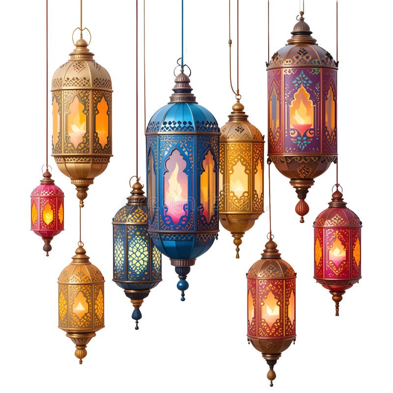 Felinarele Ramadan colorate agățate izolate pe fond alb PNG și JPG royalty free illustration