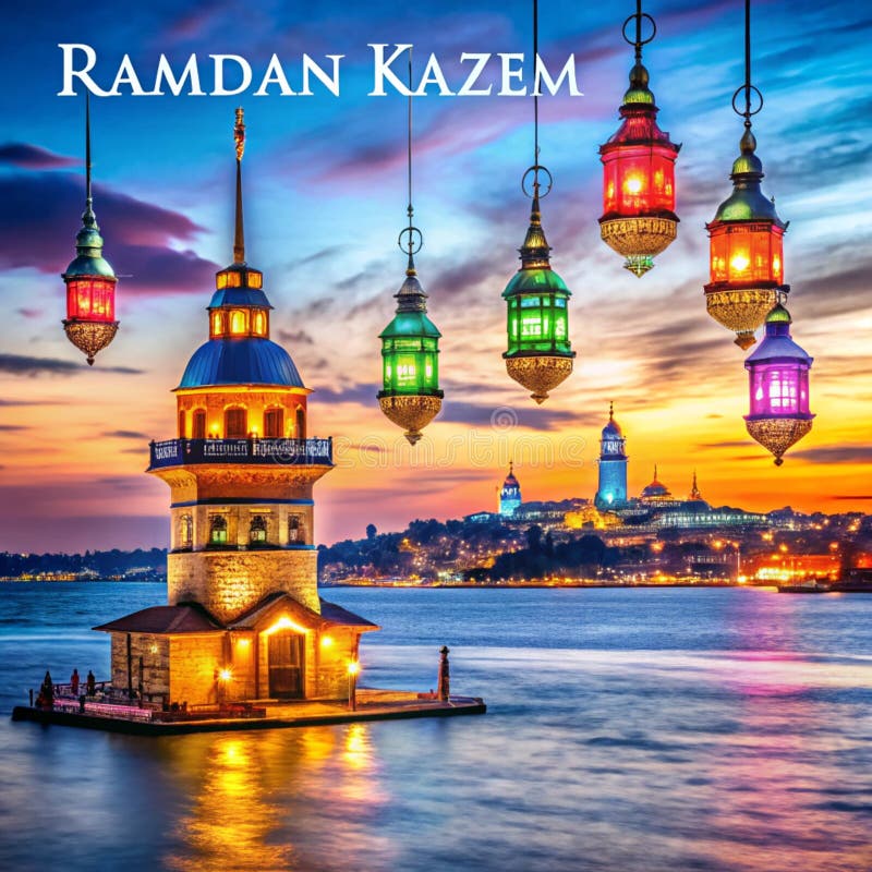 Felinarele Ramadan colorate din Fața Turnului Maidens Istanbul stock illustration