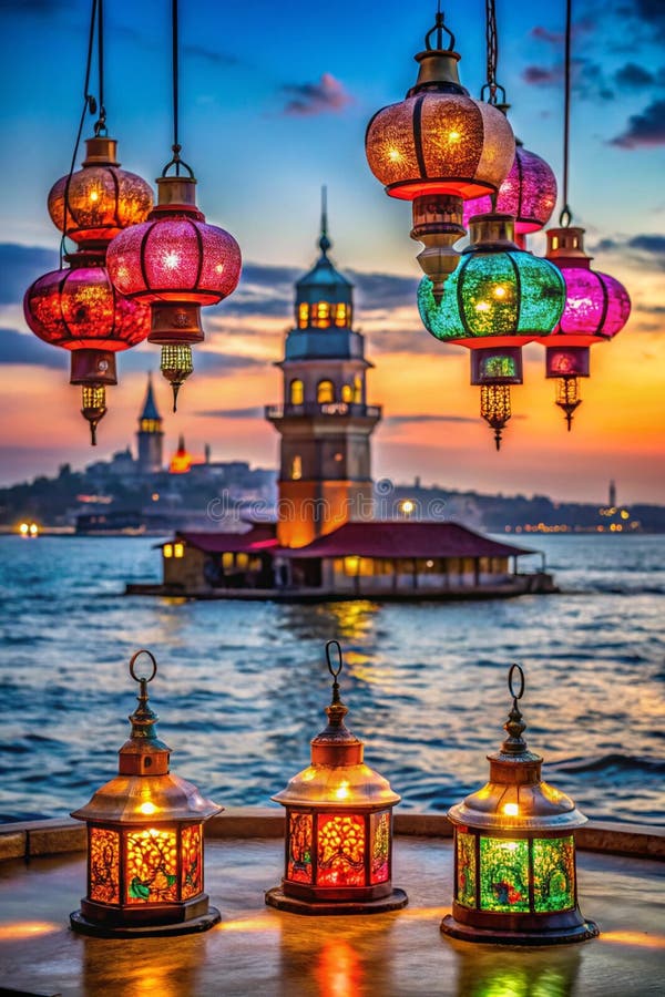 Felinarele Ramadan colorate din Fața Turnului Maidens Istanbul royalty free illustration