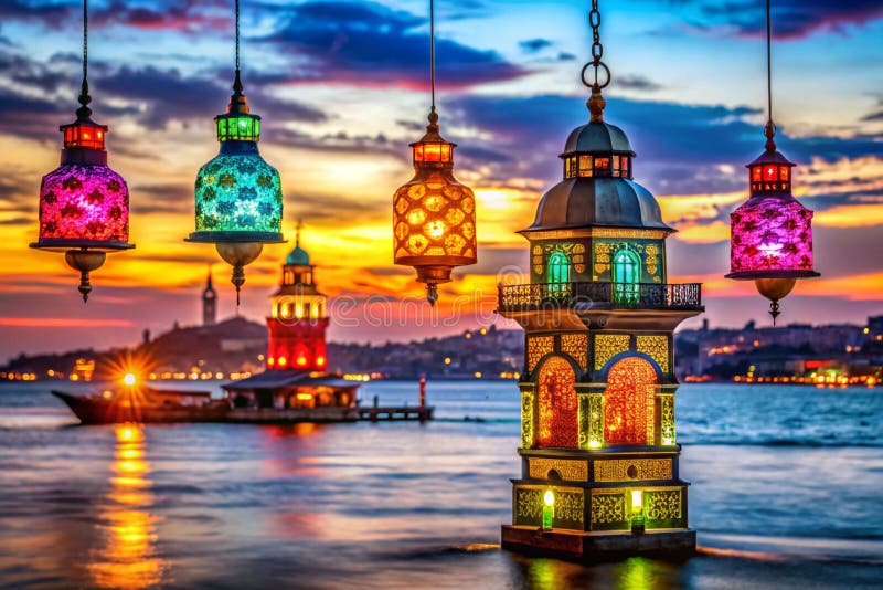 Felinarele Ramadan colorate din Fața Turnului Maidens Istanbul royalty free illustration