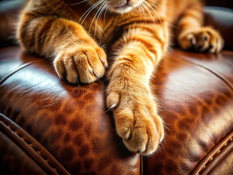 Feline Furry Footprint CreareVizualizare a Ghearelor Cat Care Își Lasă Amprenta pe Mobila Din Piele Un Studiu în Daune. Acest material captivant dezvăluie urmele unui gheare de pisici pe o bucată de mobilă din piele. Labele complexe tipăresc un testament pentru activitatea felinelor sunt definite cu claritate în raport cu pielea bogată texturată. Imaginea prezintă impactul comportamentului felin natural care evidențiază echilibrul delicat dintre instinctele animalelor de companie și necesitatea de a proteja bunurile prețioase. Proprietari de animale de companie