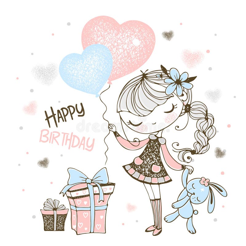 Feliz aniversário Menina bonita com balões, presentes e brinquedos Bunny Vetor ilustração stock Feliz aniversário Menina bonita com balões, presentes e brinquedos Bunny Vetor ilustração stock