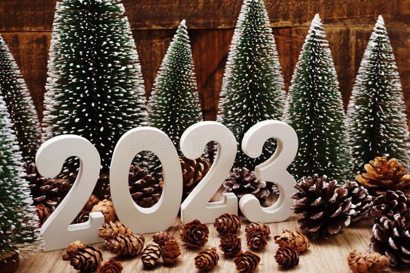 Feliz Ano Novo De 2023, Passado Festivo Com árvore De Natal E Condecoração  De Pinho Em Fundo De Madeira Imagem de Stock - Imagem de ornamento, fundo:  227265867