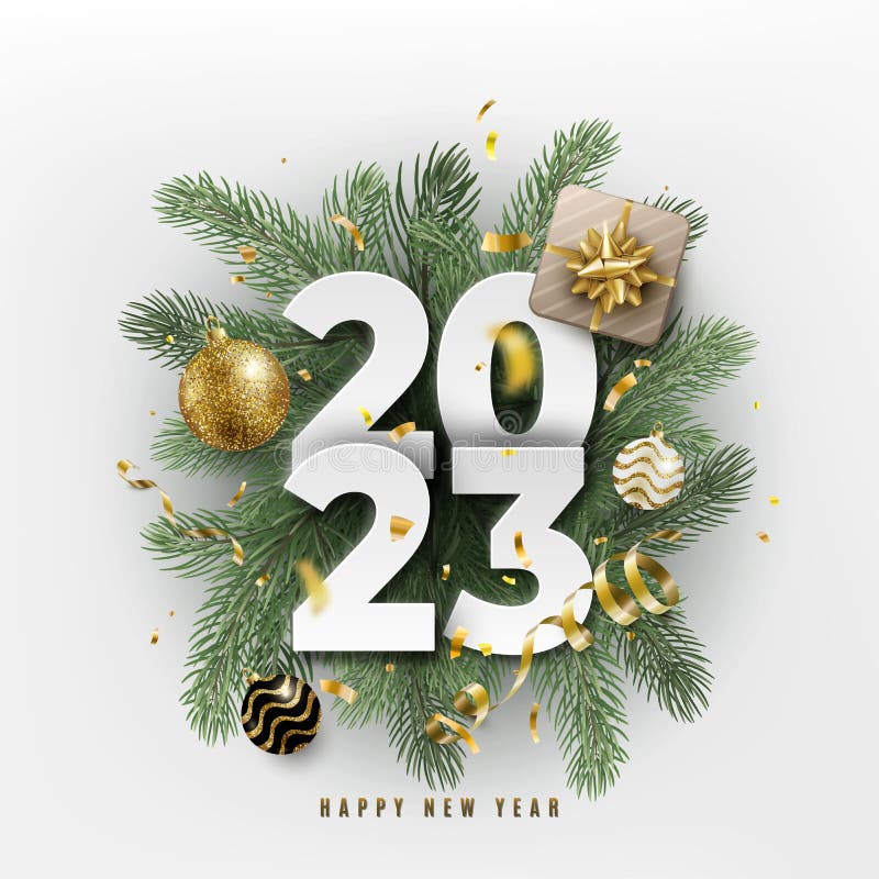 2023 feliz ano novo. decoração festiva 3d realista com grandes números de calendário de papel e decoração de natal. comemorar