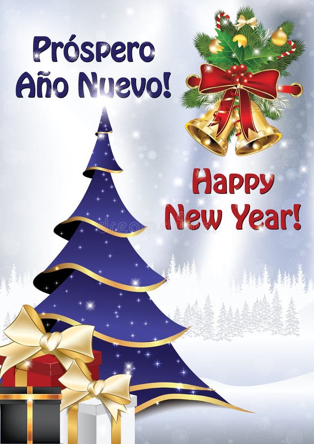 Feliz Ano Novo, Escrito Em Espanhol E Inglês - Cartão De Boas-vindas Ilustração Stock - Ilustração de abeto, feriados: 167645364 Feliz Ano Novo, Escrito Em Espanhol E Inglês - Cartão De Boas-vindas Ilustração Stock - Ilustração de abeto, feriados: 167645364