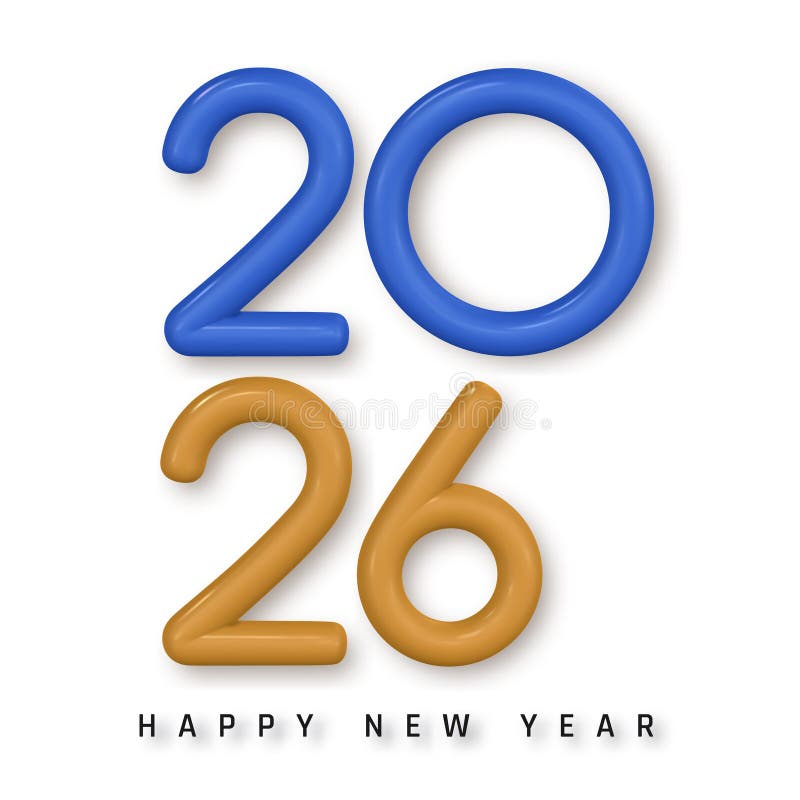 2026 Feliz Año Nuevo diseño mínimo en negrita estilo 3D azul y dorado en fondo blanco. Tipografía de vacaciones limpia y moderna p ilustración del vector