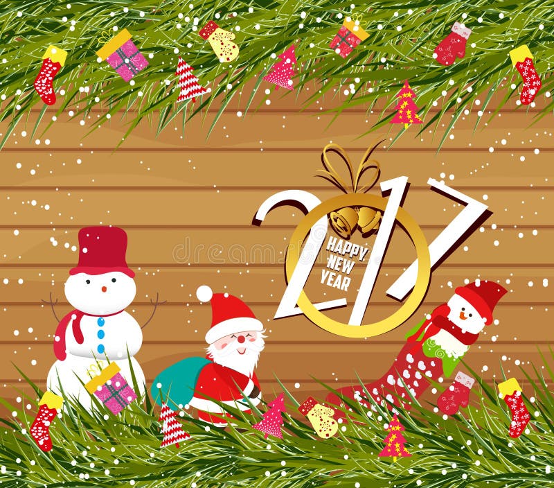 Feliz Año Nuevo 2017, fondo de la Navidad con el muñeco de nieve y Papá Noel en la madera libre illustration Feliz Año Nuevo 2017, fondo de la Navidad con el muñeco de nieve y Papá Noel en la madera libre illustration