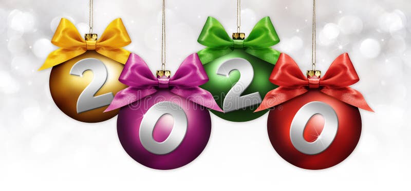 2020 Feliz Año Nuevo texto con coloridas bolas de Navidad y lazo aislado en luces borrosas de plata Fondo para volantes y imágenes de archivo libres de regalías 2020 Feliz Año Nuevo texto con coloridas bolas de Navidad y lazo aislado en luces borrosas de plata Fondo para volantes y imágenes de archivo libres de regalías