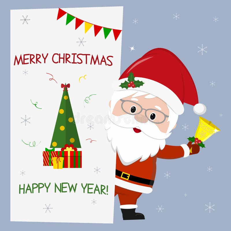 Feliz Año Nuevo y Feliz Navidad Santa Claus linda con los vidrios que sostienen una campana Está detrás de un letrero con a libre illustration Feliz Año Nuevo y Feliz Navidad Santa Claus linda con los vidrios que sostienen una campana Está detrás de un letrero con a libre illustration