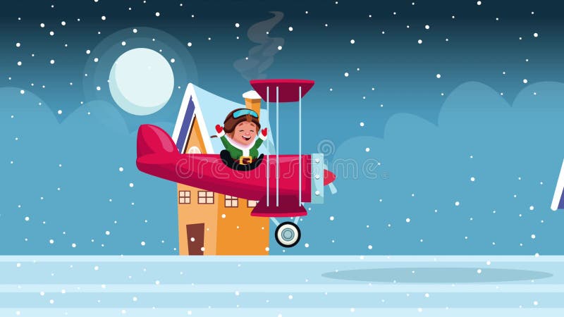 Feliz cartão de natal alegre com elf em avião e casa